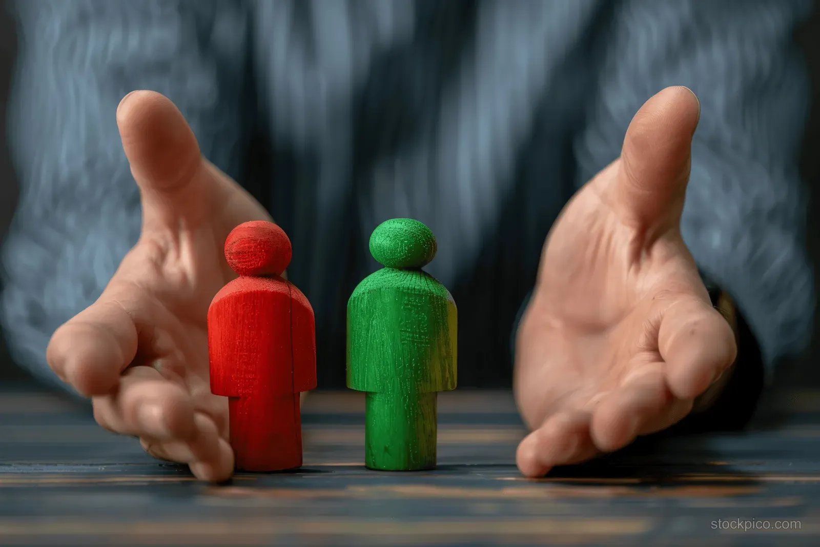 Hands split two wooden figures, one red and one green, on a table to symbolize mediation.