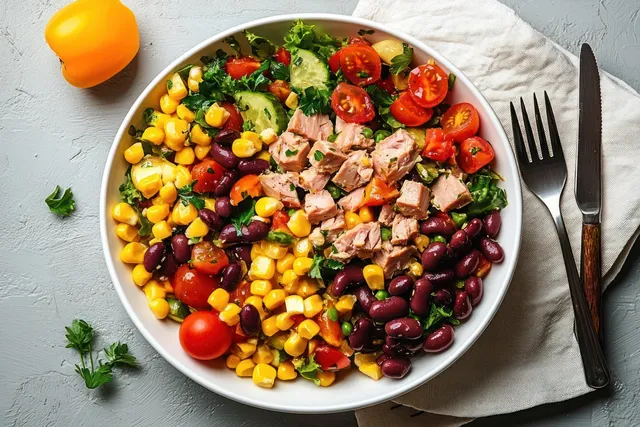 Colorful tuna salad bowl with corn, kidney beans, cucumber and cherry tomatoes, served with fork and knife on a white cloth.