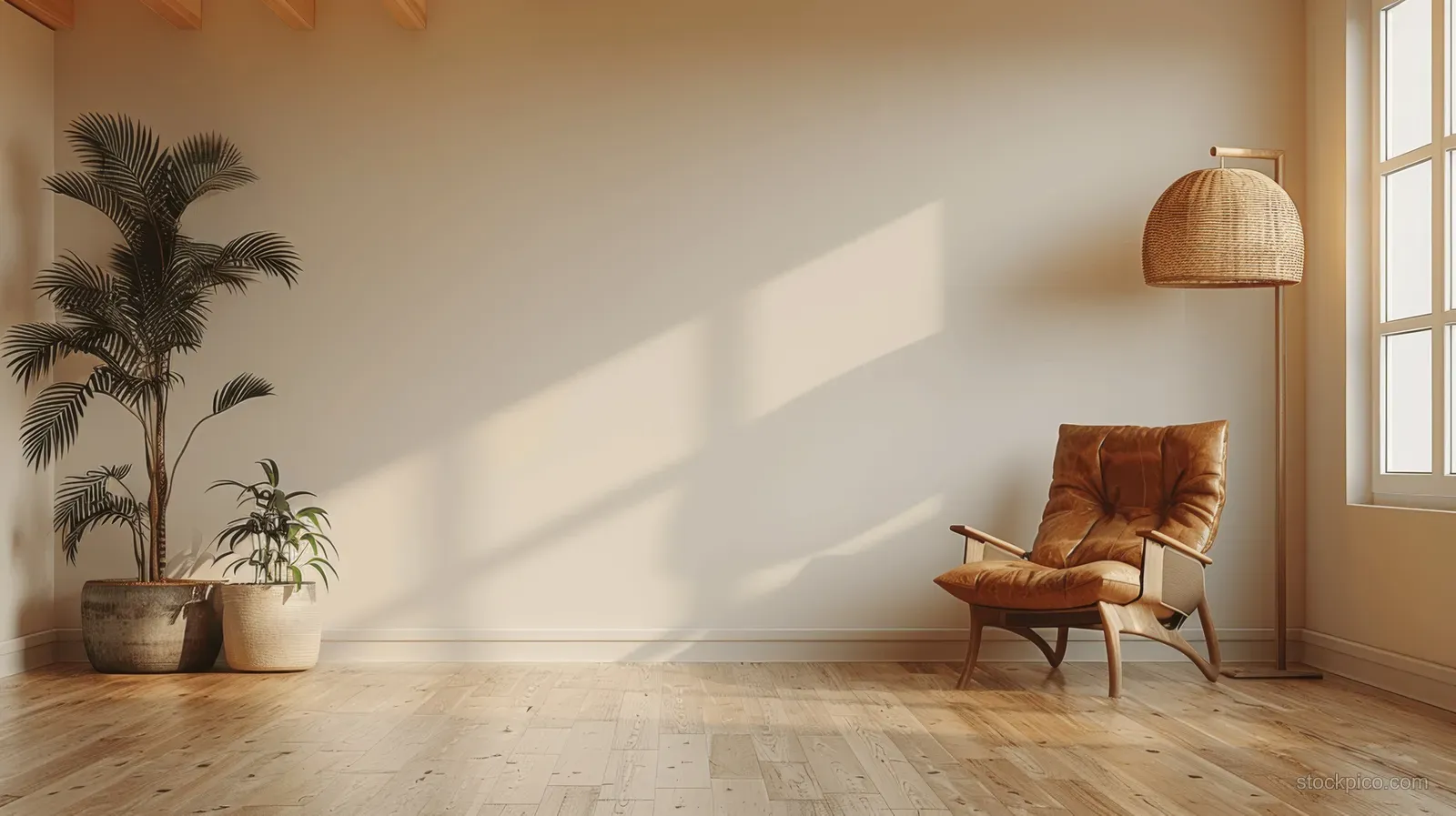 Brown leather armchair sits by a window in a bright Scandinavian living room with wooden floors and potted plants.