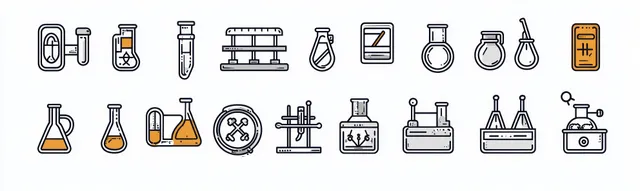Grid of laboratory glassware icons, with some beakers and flasks showing orange liquid on a white background.
