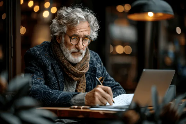 Older man writing notes beside laptop during virtual meeting in softly lit café