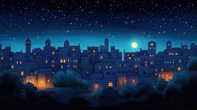 Old town skyline at night under a bright full moon, with glowing windows and silhouetted trees.