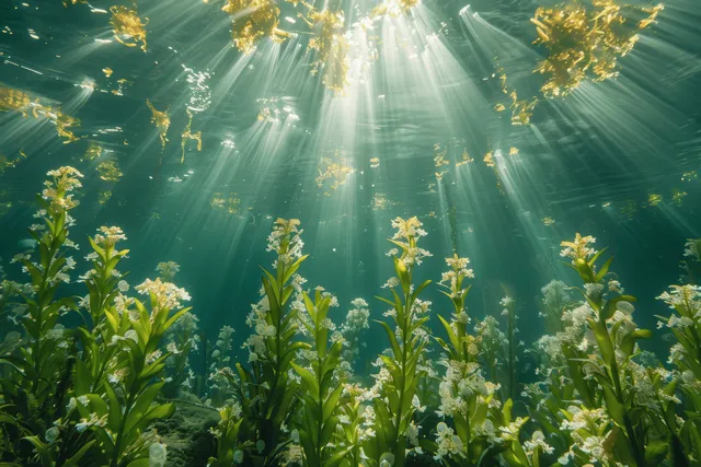 Sunrays illuminate underwater plants with white blossoms in a clear ocean garden