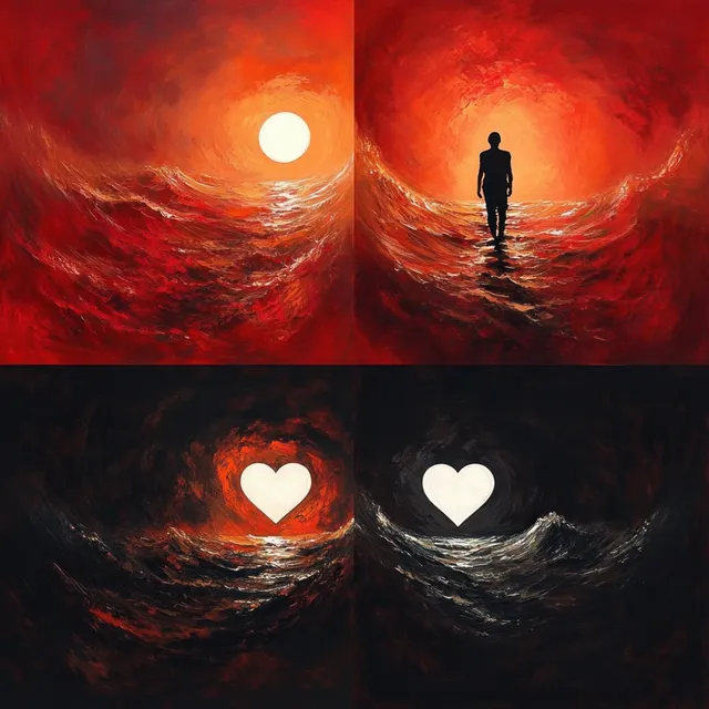 A silhouetted figure walks toward a bright sun over abstract red and black waves.