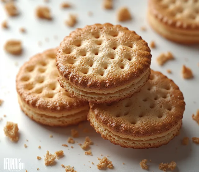 Stack of crushed wafer cookies with crumbs falling, isolated on clean white background