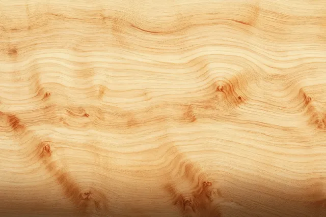 Light wooden plank close-up with flowing grain lines and small knots on a warm textured surface.