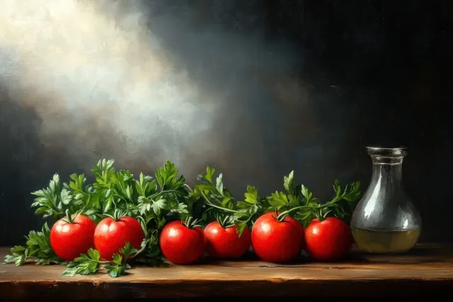 A row of red tomatoes with green parsley sits on a wooden surface beside a glass jug under soft lighting.
