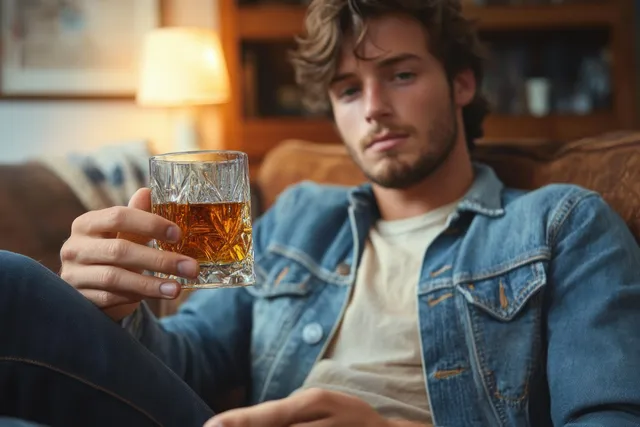 Young man in a denim jacket rejects a glass of whiskey while seated in a warmly lit living room.