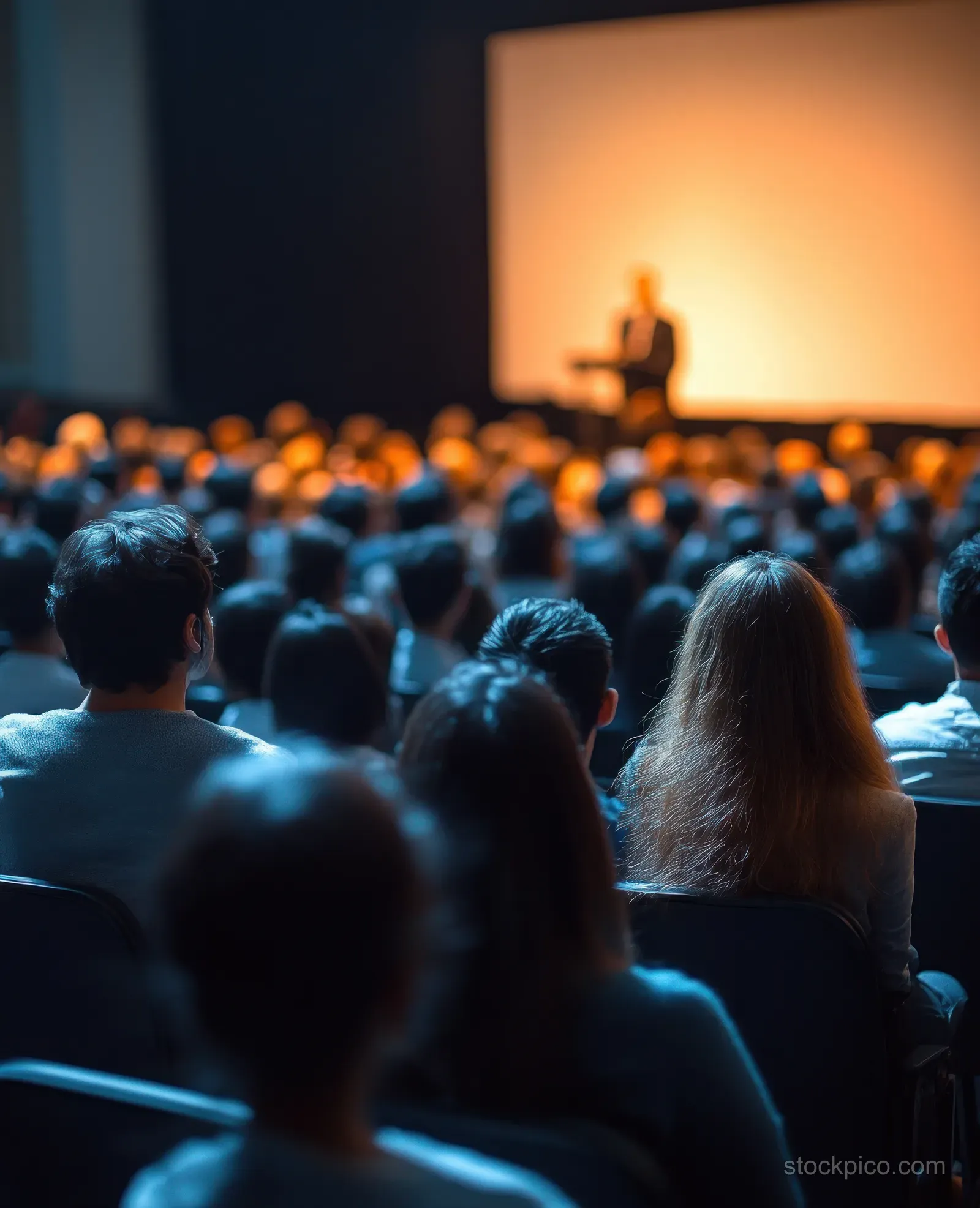 A female manager presents on stage to an audience seated in a conference hall under a bright spotlight.