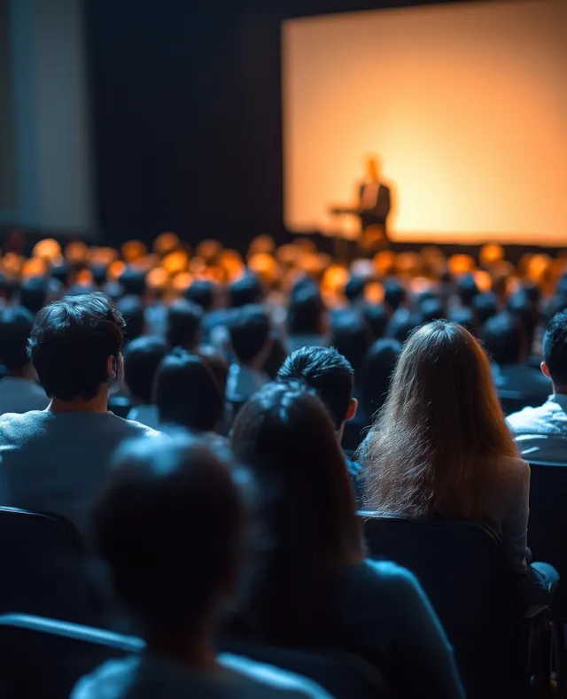 A female manager presents on stage to an audience seated in a conference hall under a bright spotlight.