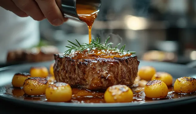 Chef hand pours glossy sauce onto a steak plate with roasted potatoes and herb garnish in a restaurant kitchen.