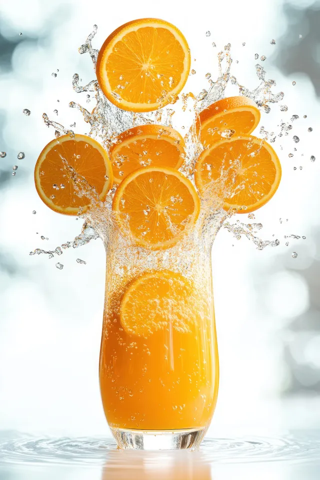 Orange juice splash erupts from a glass with floating citrus slices on clean white background with Studio Still Life
