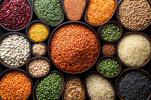 Overhead view of assorted colorful lentils and seeds arranged in circular bowls with visible dry grain textures.