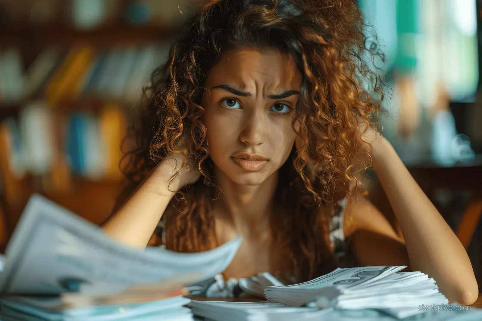Curly-haired woman covers her face while sitting at a table covered with overdue bills and papers.