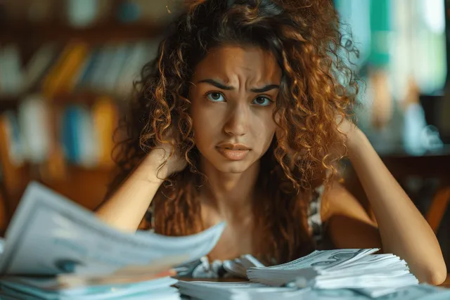 Curly-haired woman covers her face while sitting at a table covered with overdue bills and papers.