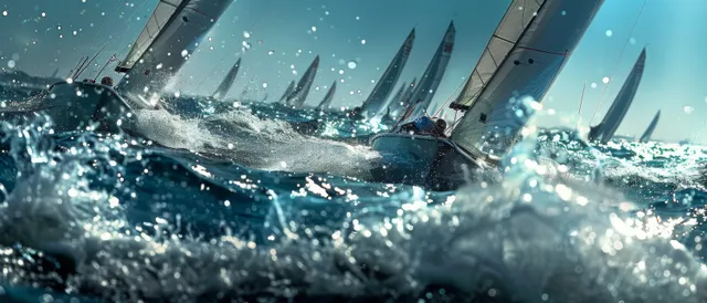 Sailboats with white sails race through splashing waves off the Great Britain coast under windy conditions.