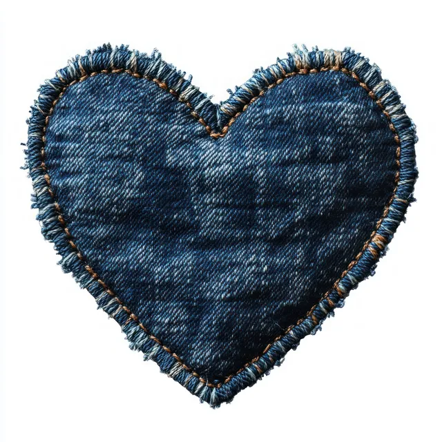 Heart-shaped frayed denim fabric patch with a stitched border on a plain white background.