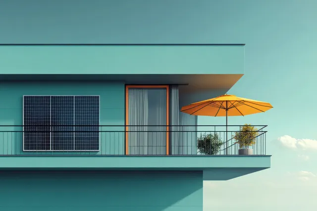Modern apartment balcony with solar panels and a yellow umbrella beside an open window under a blue sky.