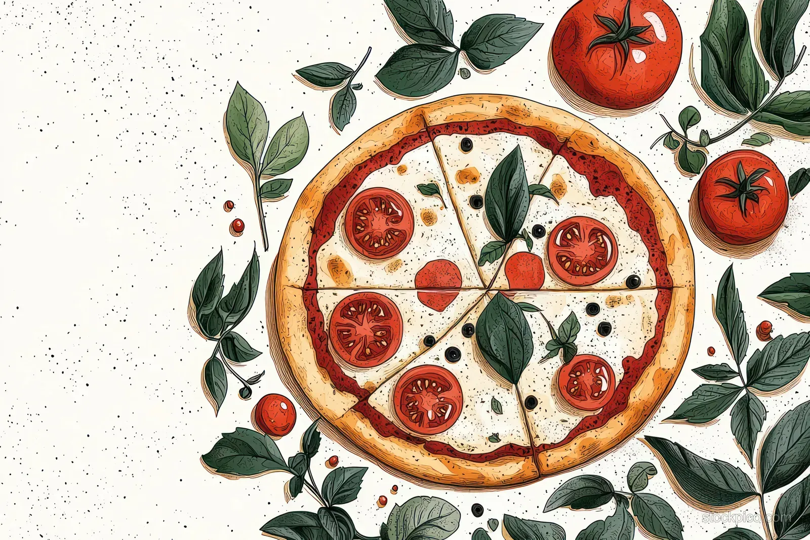Sliced pizza with tomato slices, basil leaves, and black olives arranged on a light textured background with fresh tomatoes and herbs.