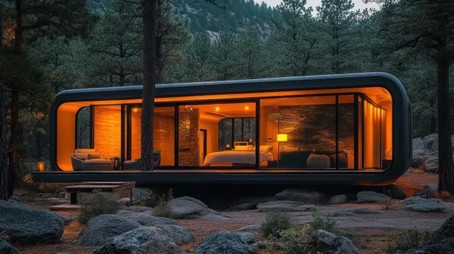 Twilight glass cabin in forest rocks, glowing interior through curved panoramic windows