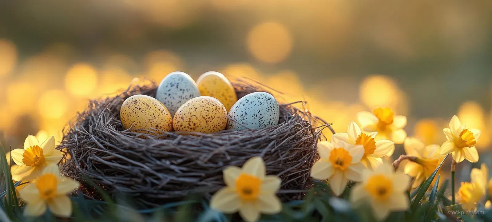 Colorful Easter eggs sit in a woven nest with small daffodils around them in warm golden light.