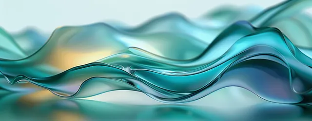 Blue-green wavy glass-like liquid curves with glossy iridescent highlights stretch across a soft gradient background.
