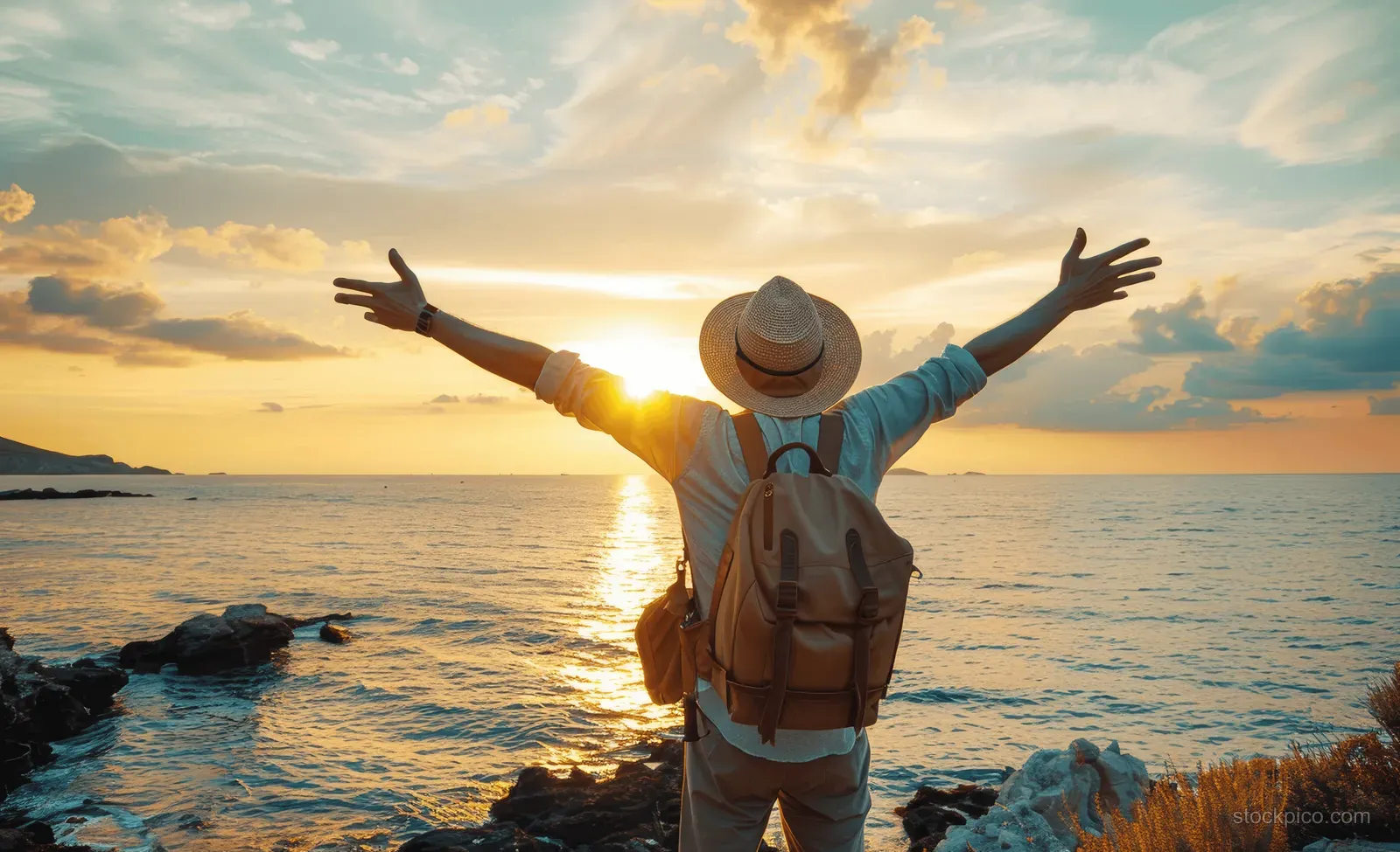 Hiker with backpack raises arms at ocean sunset on a rocky beach.