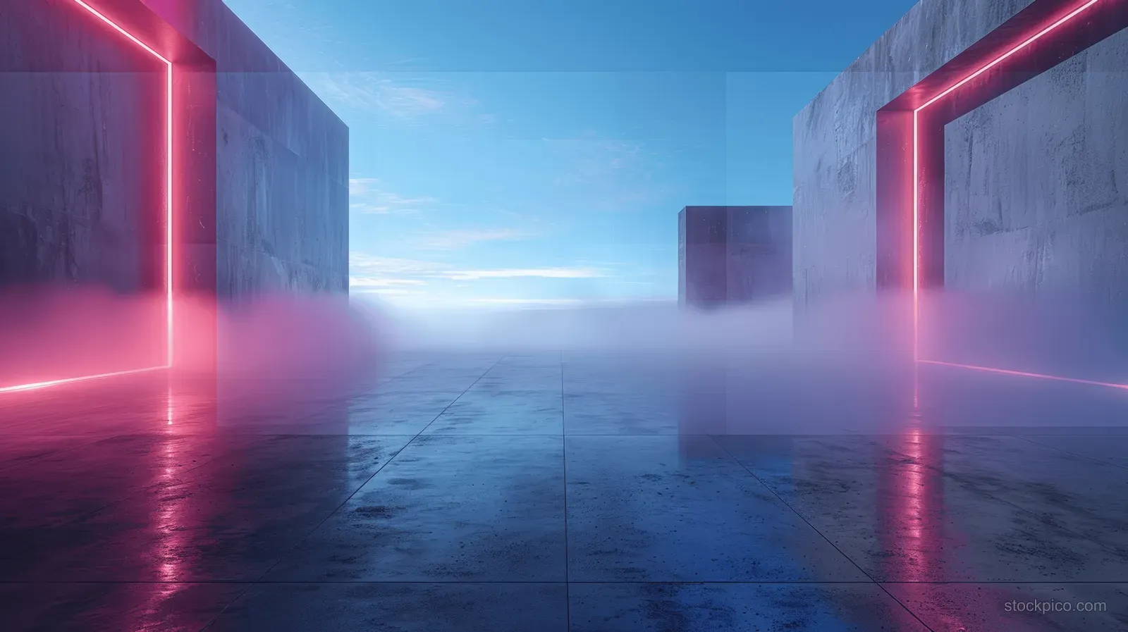 A futuristic neon-lit corridor tunnel with glowing bars and drifting fog in an empty room.