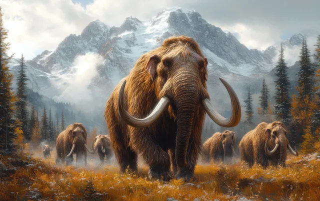 Woolly mammoths walk in tall grass toward snowy mountains with pine trees and clouds behind them.