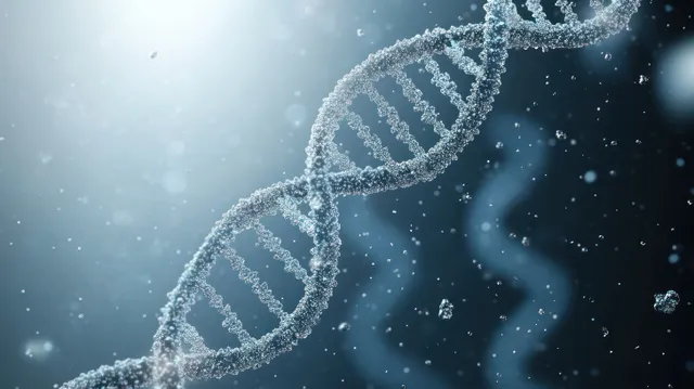 Translucent DNA double helix floating in glowing mist with sparkling particles in blue