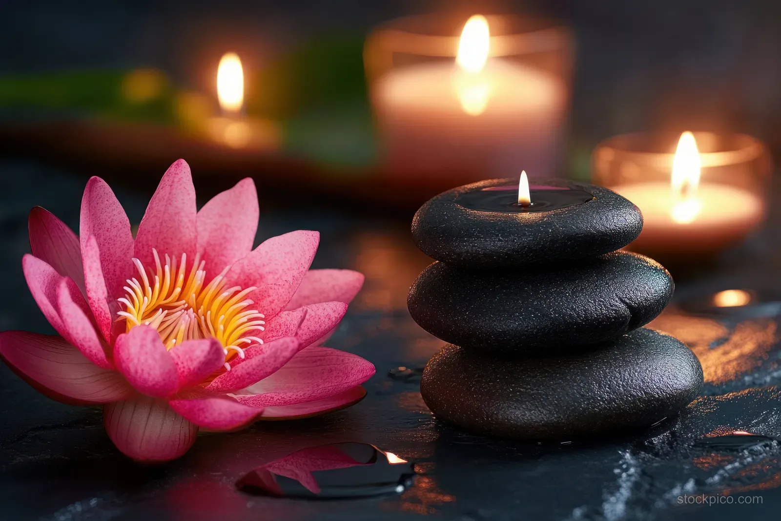 Pink lotus flower and stacked black spa stones sit on a wet stone surface beside glowing candles in the background.