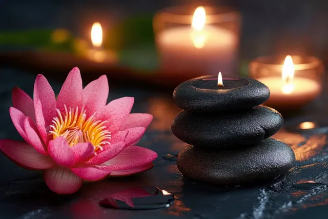 Pink lotus flower and stacked black spa stones sit on a wet stone surface beside glowing candles in the background.