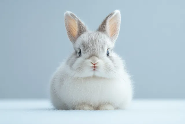 Fluffy white rabbit with gray patches sitting on pure white background, soft focus