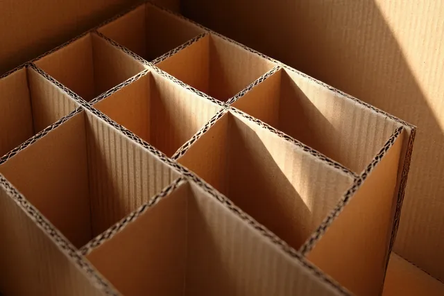Empty corrugated cardboard box interior with grid partitions and warm sunlight casting shadows on the textured cardboard.