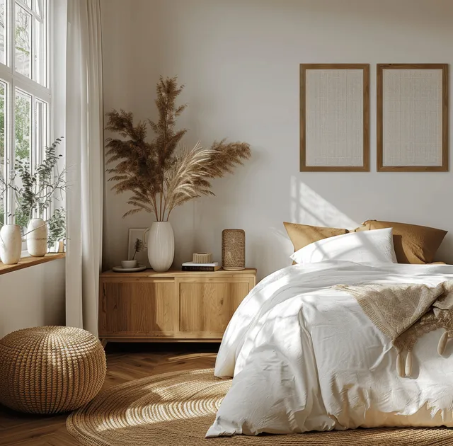 White coastal bed with beige bedding beside a wooden sideboard under natural window light and framed wall art.
