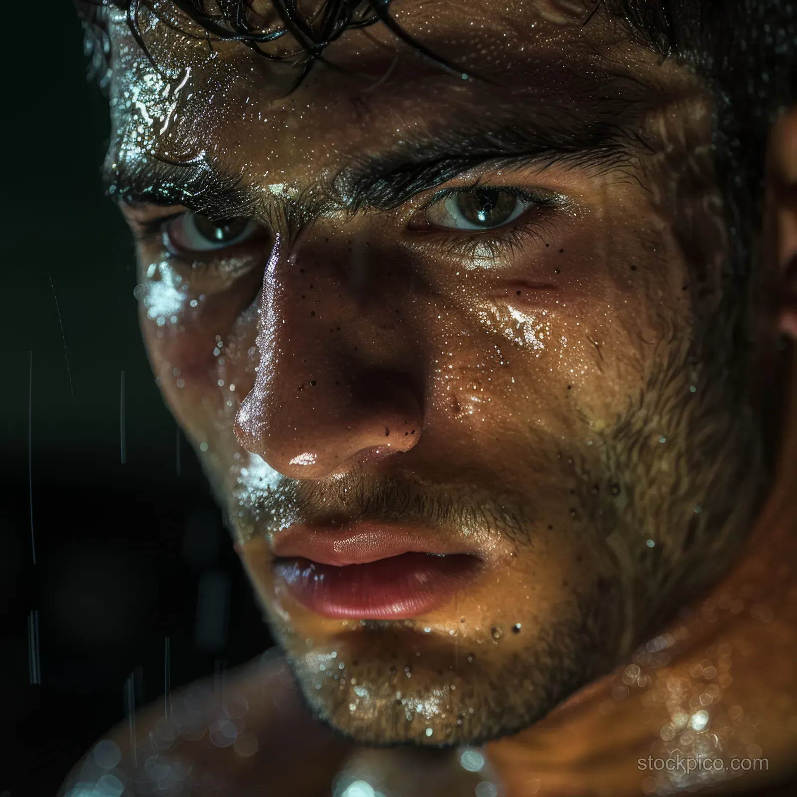 Turkish Greco-Roman wrestler in close-up, sweat on his face and focused eyes during a match in the arena.