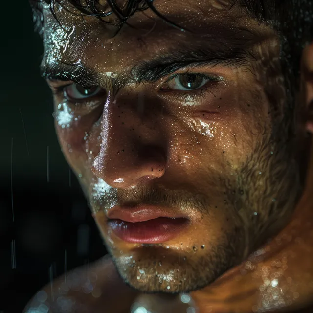 Determined Turkish Greco-Roman wrestler grips momentum in an arena, sweat and focus