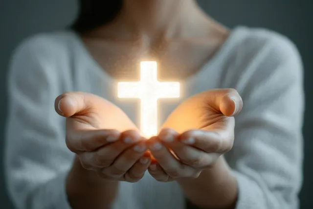 A person’s cupped hands hold a glowing illuminated cross symbol in soft warm light.