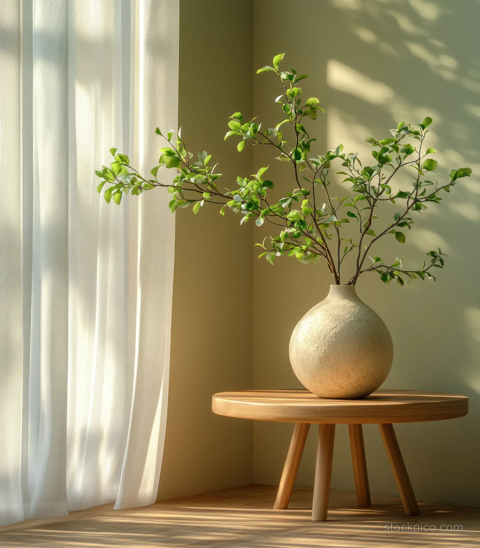 Round wooden side table with a pale ceramic vase of green leaves, lit by warm daylight through sheer curtains.