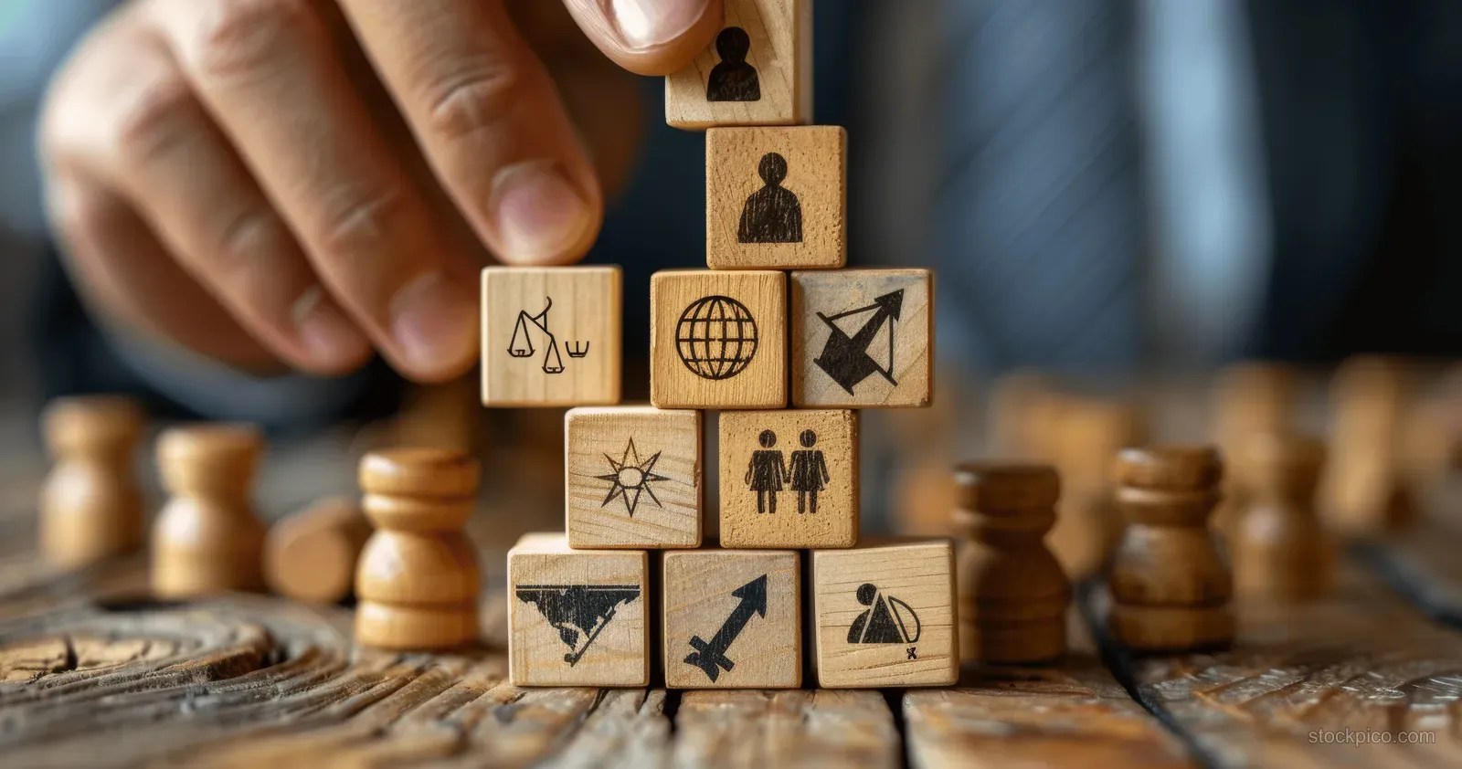 A hand places an ESG symbol on wooden blocks while other responsibility icons sit on a tabletop.