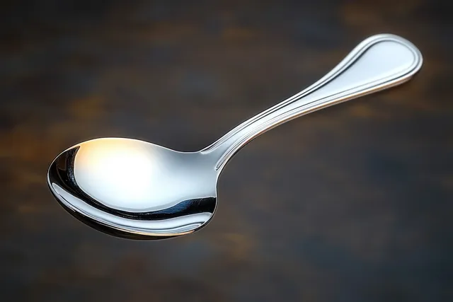 Polished silver spoon reflecting warm light against a dark blurred tabletop background