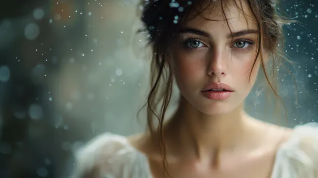 Ethereal bride portrait in a dreamy white veil, raindrops glowing in soft bokeh light