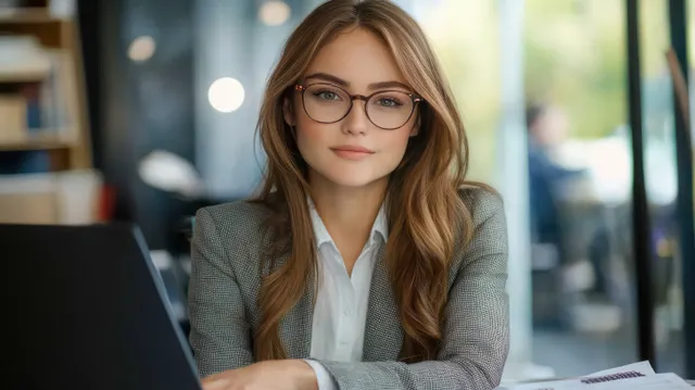 Young woman with glasses sits at an office desk, focused on her laptop during daylight