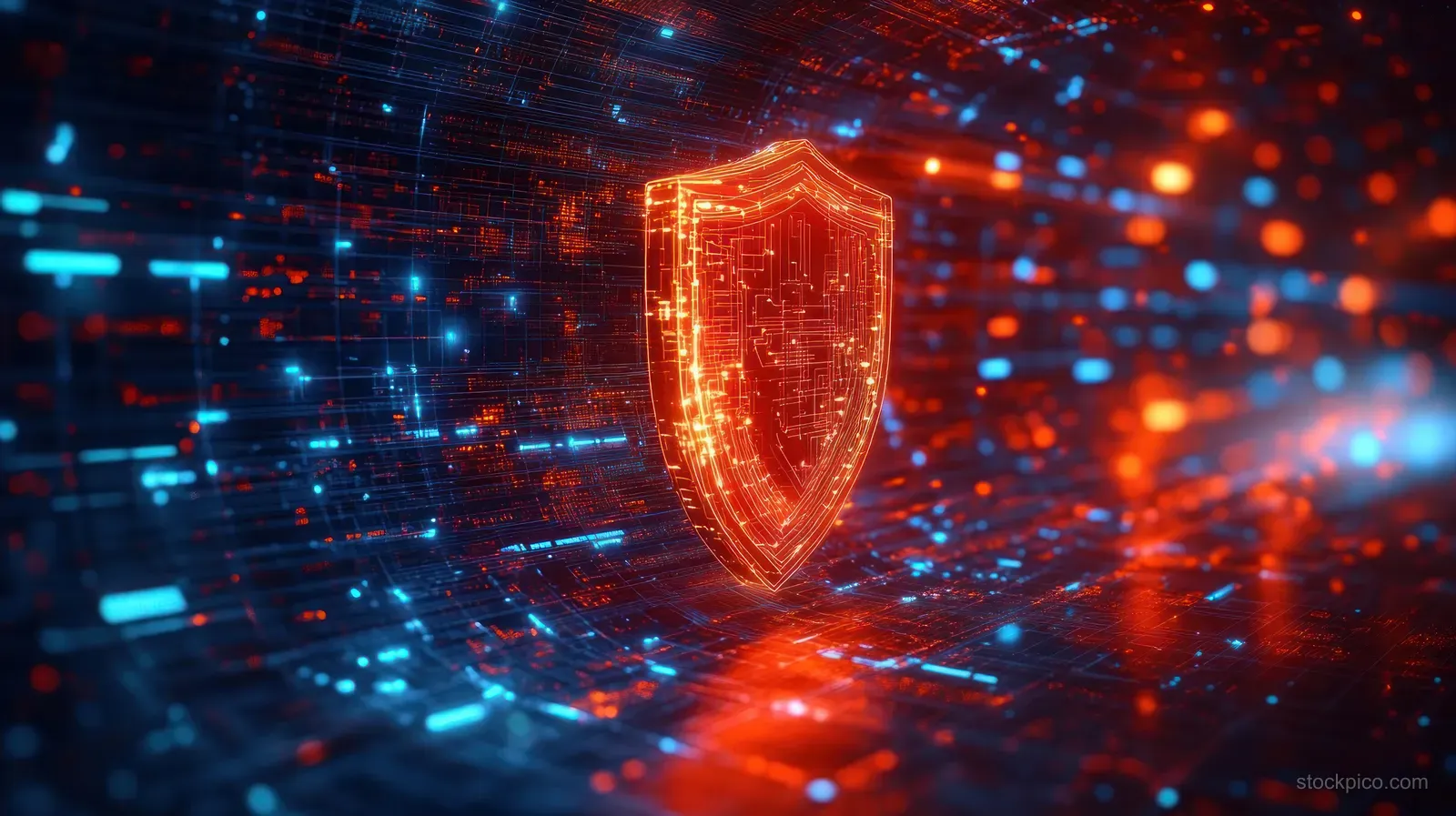 A glowing red cybersecurity shield icon floats over blue and orange digital data streams.