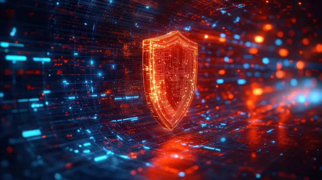 A glowing red cybersecurity shield icon floats over blue and orange digital data streams.