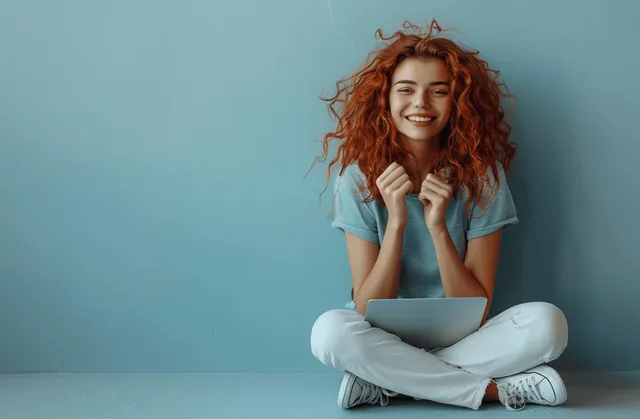 Smiling redhead woman working on laptop while sitting cross-legged against turquoise wall