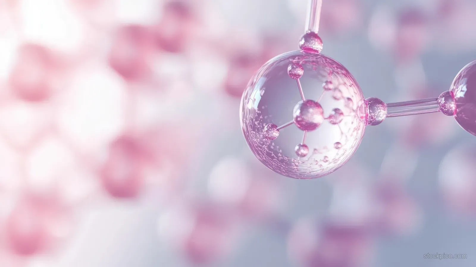 Translucent pink molecular droplet chain floats against a softly blurred pastel bokeh background.