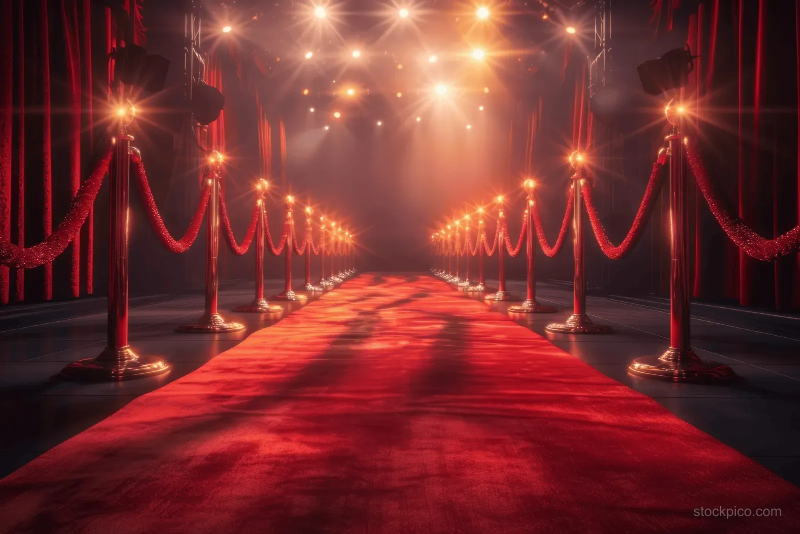 Red carpet entrance with spotlight beams and glowing marquee bulbs under dark theater drapes at night.