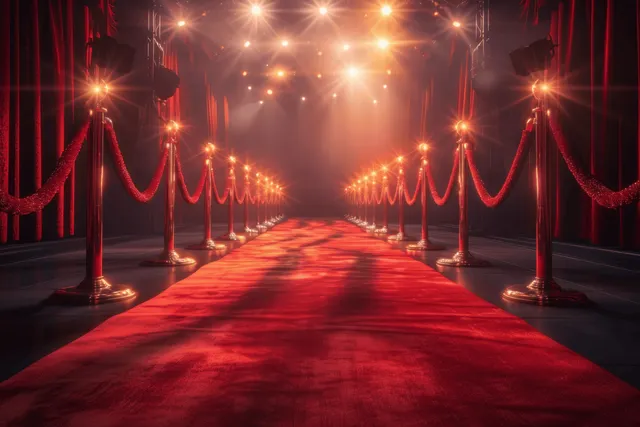Red carpet premiere walkway with spotlight beams and hanging marquee bulbs at night