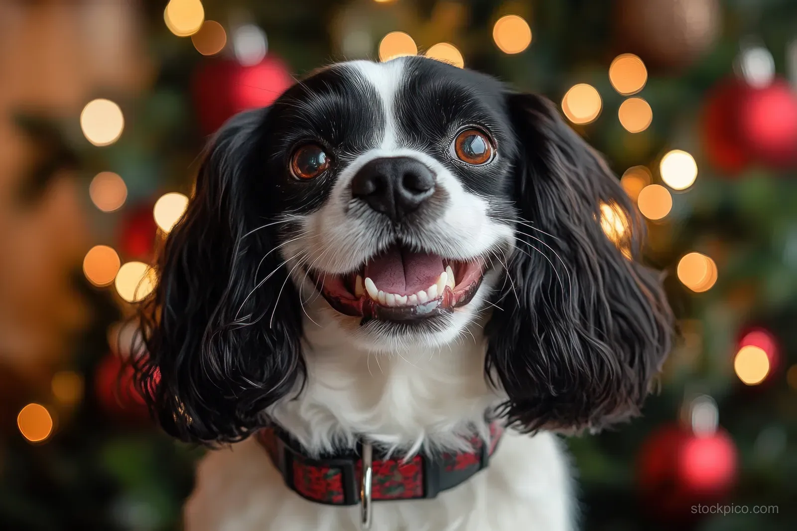 Happy black and white small dog with long ears smiling with tongue out in front of blurred holiday lights.